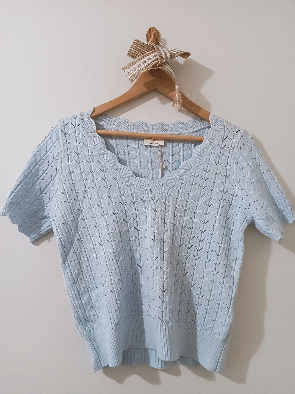 ALLIE ROSE BLUE SCALLOPED V-NECK SHORT SLEEVE SOFT POINTELLE KNIT SWEATER LARGE